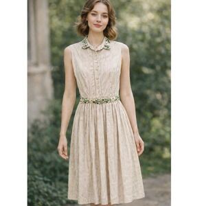 1960s Vintage Sir Rob Tan Striped Dress Floral Embroidered Cotton Small